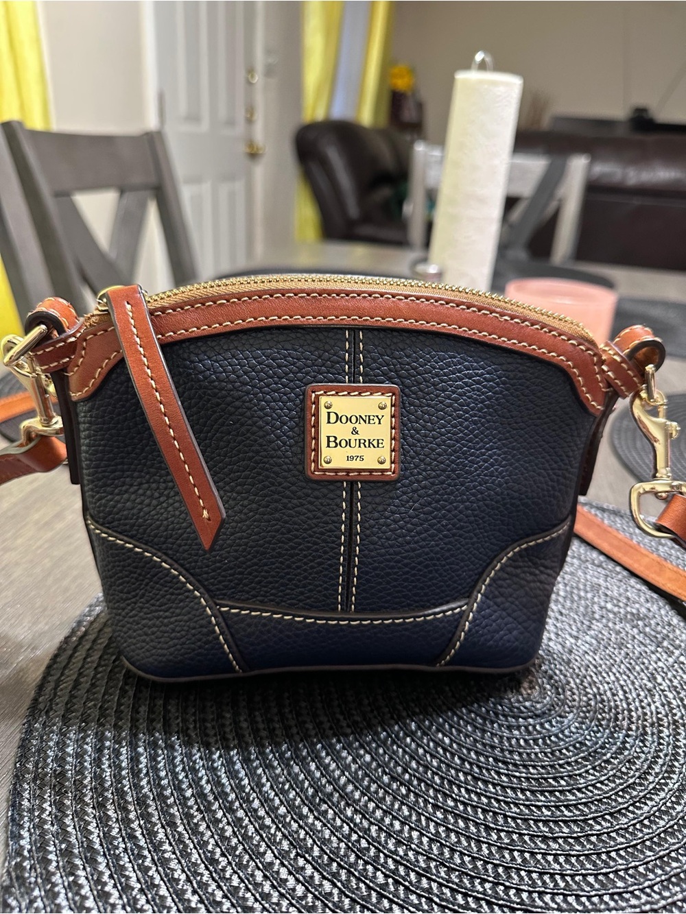 Dooney & Bourke Black Pebbled Leather Crossbody with Brown Trim